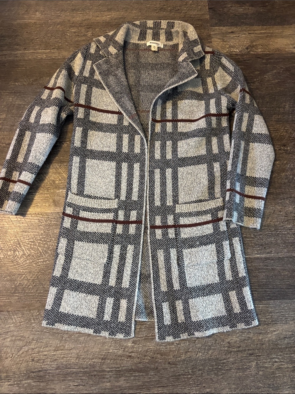 Monteau Gray Plaid Open Front Coatigan with Brown Accents
